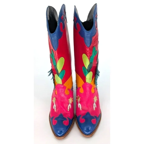 VTG Zalo Multicolor Leather Fringe Cowboy Boots 6.5 Western Boho Festival Art